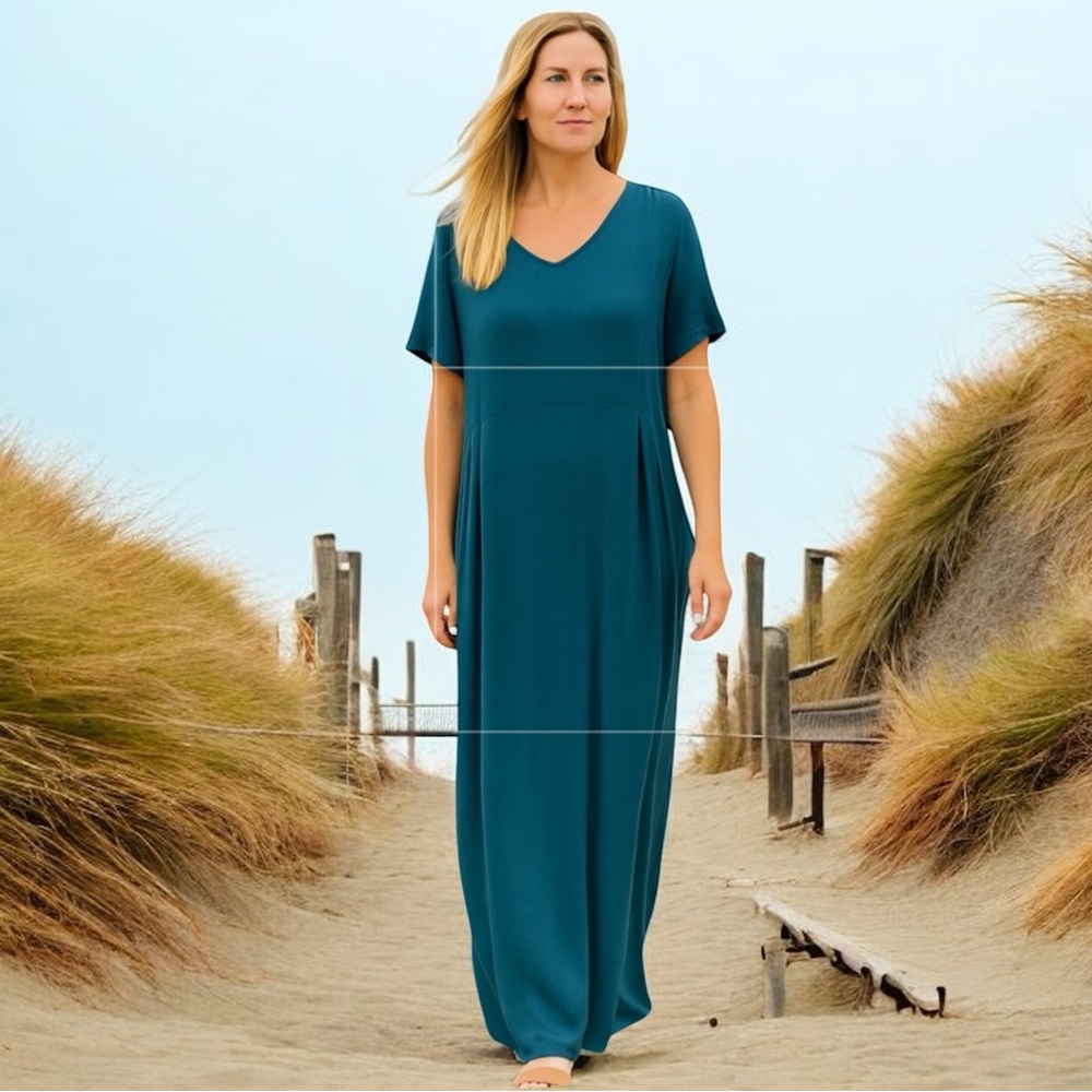 Eileen Fisher Maxi Dress Large Lagenlook Flowy Empire Waist Spring Resort